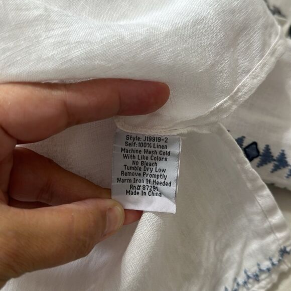 Johnny Was XS Davis Tie Peasant Bohemian White Blue Pink Embroidered Linen Top - Picture 13 of 14